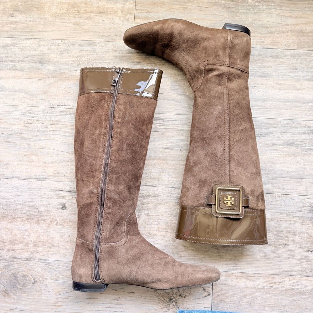 Tory Burch Brown Suede Knee High Riding Boots Patent Leather Trim Women’s Size 8